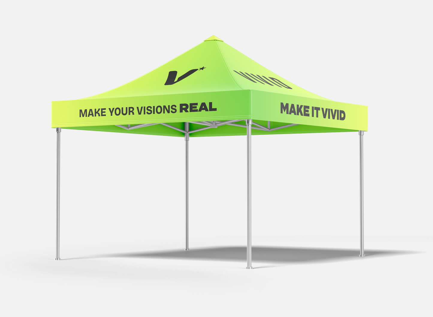 VIVID custom canopy tent — alternate view showing full branded canopy coverage