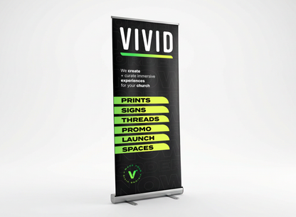 VIVID retractable banner — detail view showing retractable base mechanism
