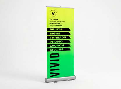Custom retractable banner stand for church lobby and events — full-color printing by VIVID