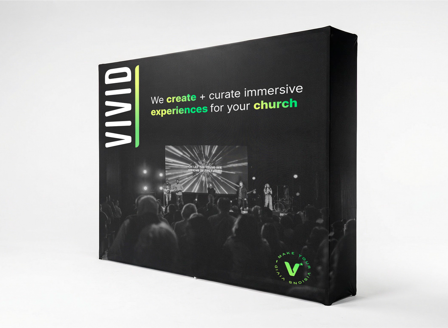 Custom stretch fabric pop-up display for church lobby and events — full-color printing by VIVID