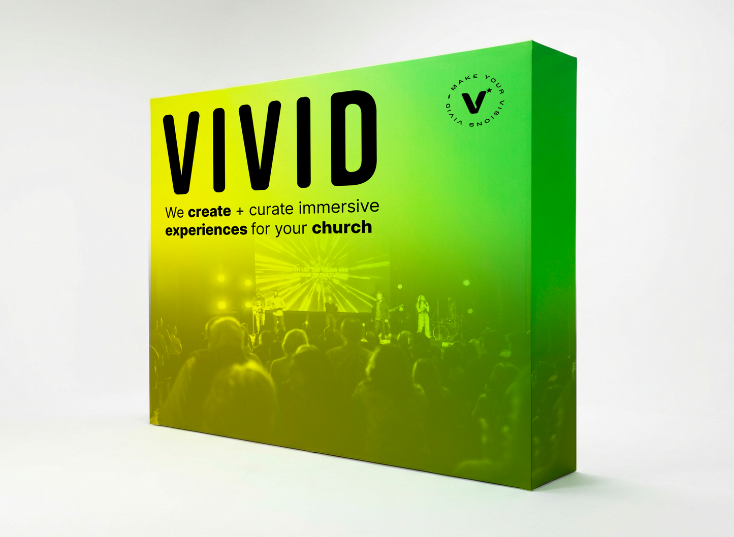 VIVID stretch fabric pop-up — alternate angle showing assembled display