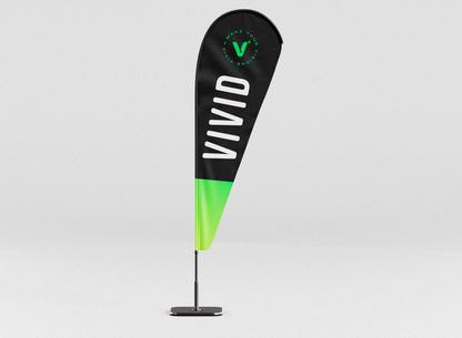 VIVID custom teardrop flag — detail view showing print quality and hardware