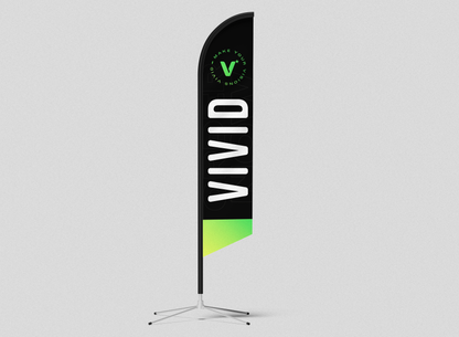 VIVID custom falcon flag — detail view showing flag material and pole hardware