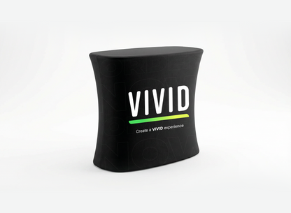 VIVID pop-up counter — alternate view showing full custom print wrap