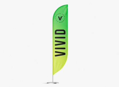 VIVID custom feather flag — detail view showing flag material and stake hardware