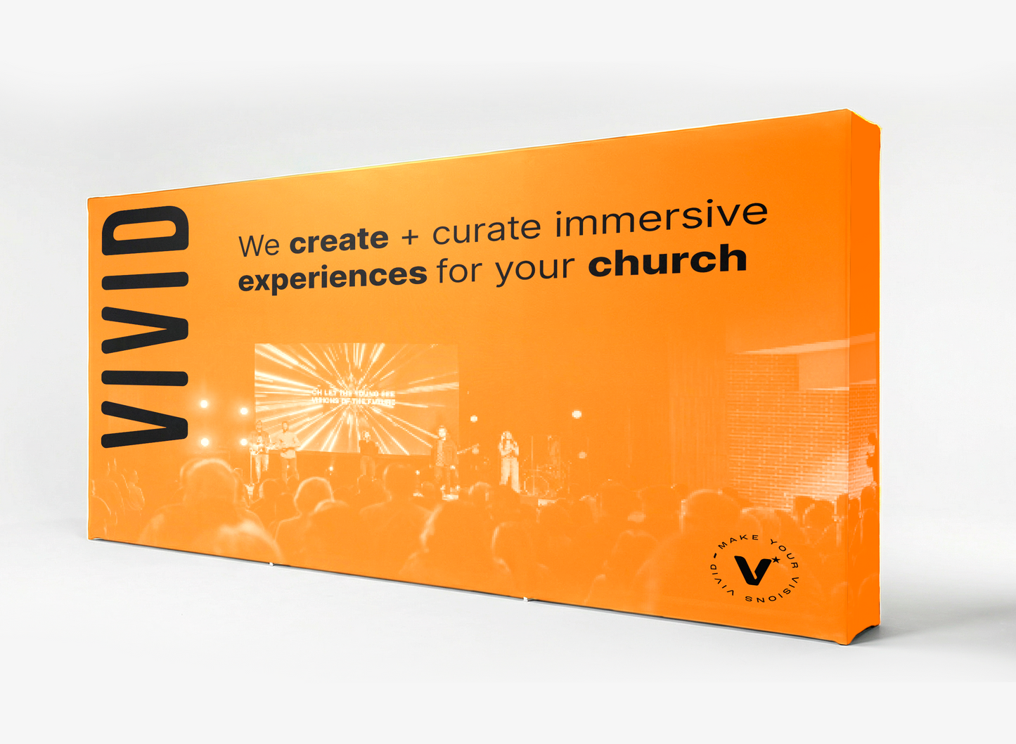 VIVID stretch fabric pop-up — lifestyle view in church lobby setting
