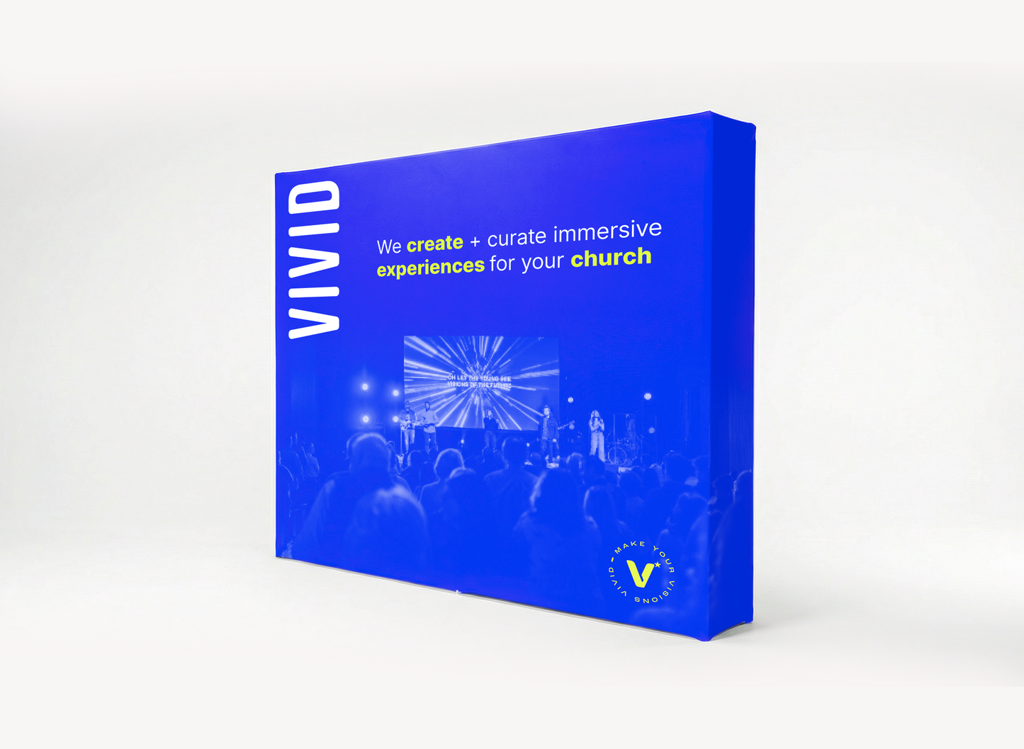 VIVID stretch fabric pop-up — side view showing frame depth and fabric tension